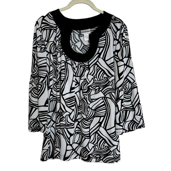 Chicos Womens Knit Top Large Black White Retro Mod Print Scoop Neck 3/4 Sleeves - Picture 1 of 6
